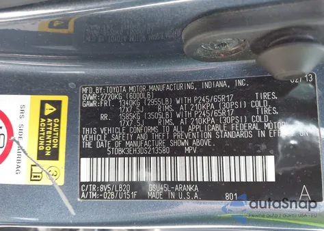 2013 Toyota Highlander Se V6 from USA, damaged, VIN 5TDBK3EH3DS213580